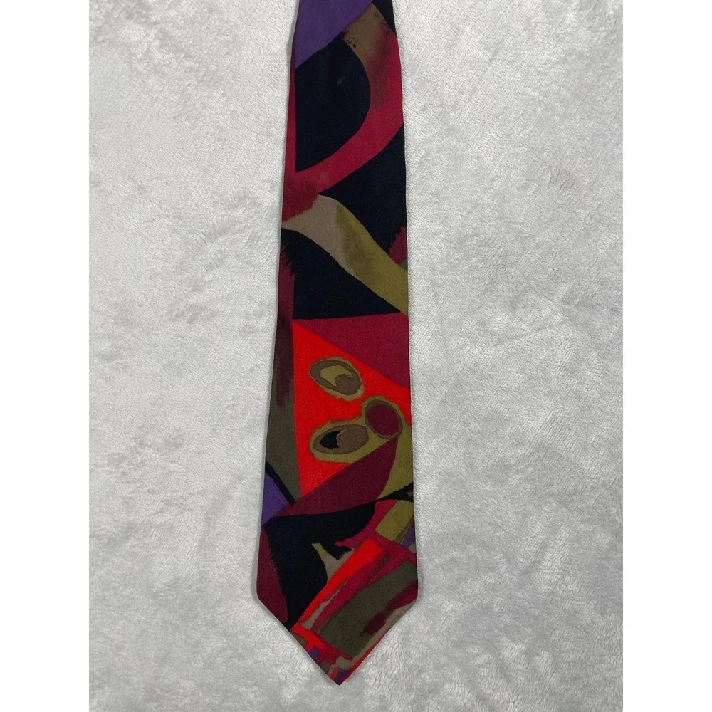 Vintage Pierre Cardin Tie Men's One Size Red Olive Abstract Geometric Silk USA